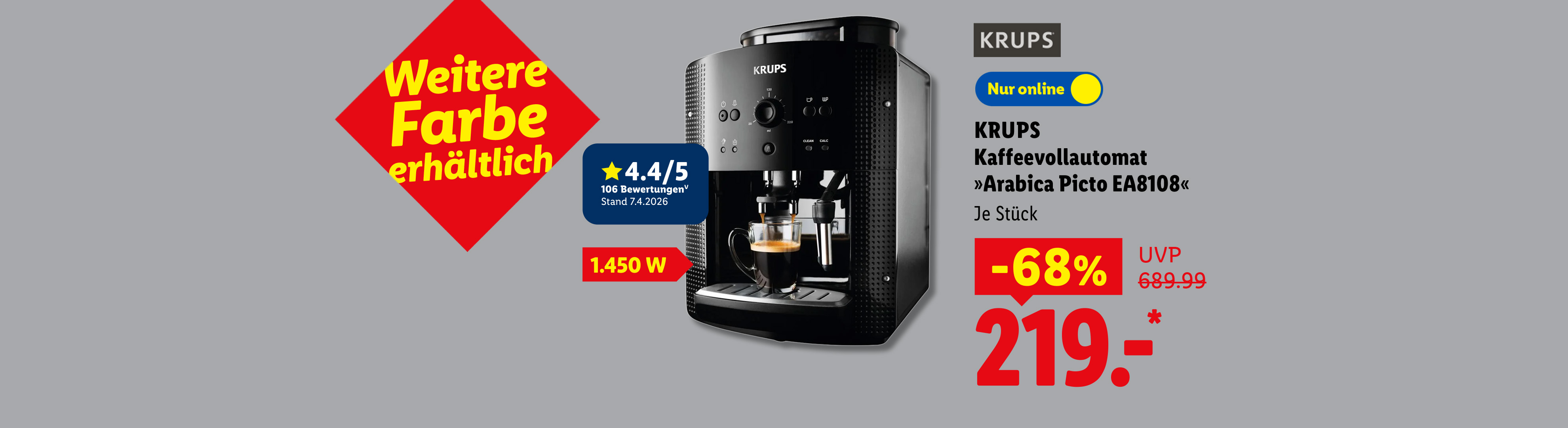 Weitere Farbe erhältlich: KRUPS Kaffeevollautomat Arabica Picto EA8108, 1.450 W, 4.4/5 Sternen bei 106 Bewertungen, je Stück 68% günstiger, Nur online für 219.00 €*. Sofort kaufen.