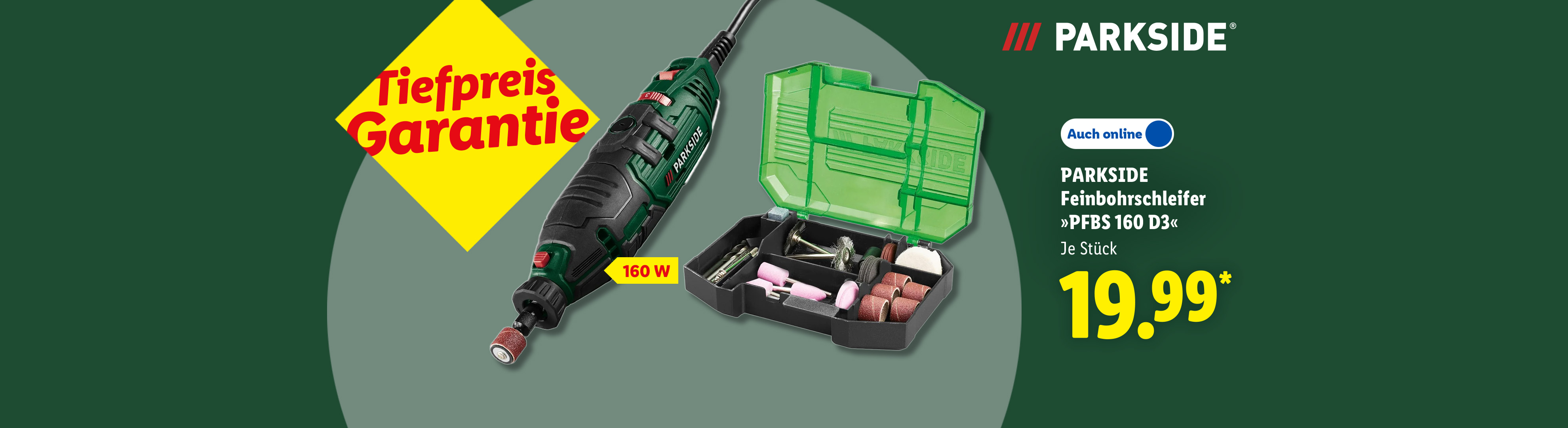 Tiefpreis Garantie: PARKSIDE Feinbohrschleifer »PFBS 160 D3«, 160 W, inkl. Zubehörbox, je Stück, auch online für 19.99 €*.