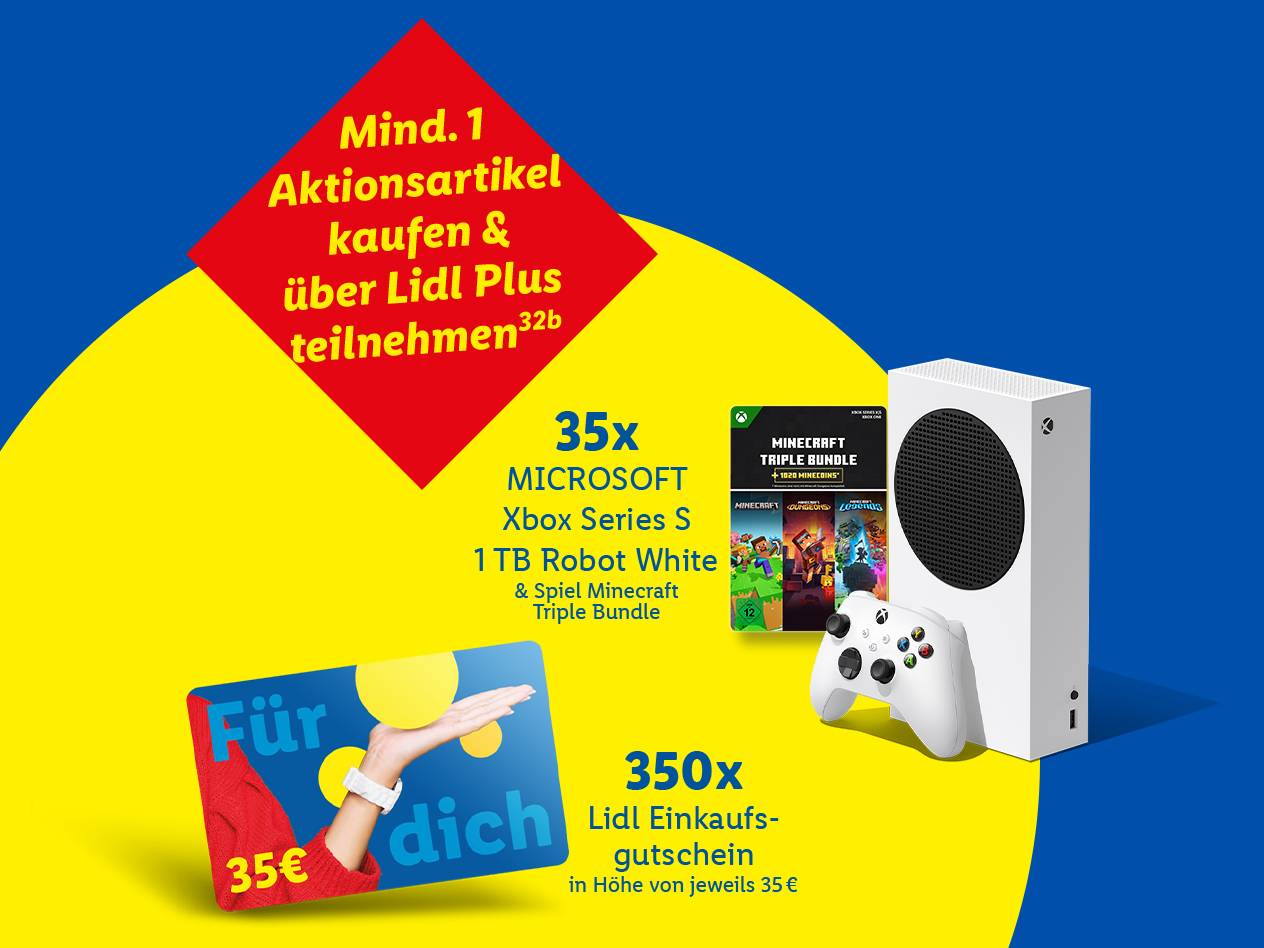 Werbeaktion mit einer Spielkonsole, einem Spielpaket und Einkaufsgutscheinen.