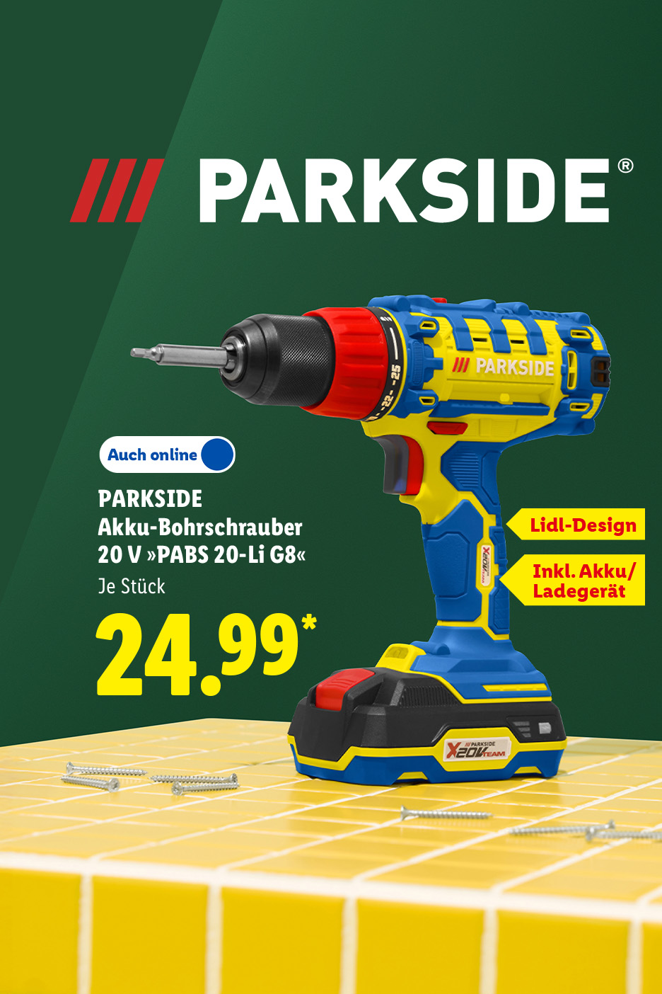 PARKSIDE Akku-Bohrschrauber 20 V »PABS 20-Li G8«, Lidl-Design, inkl. Akku/Ladegerät, je Stück auch online für 24.99 €*.
