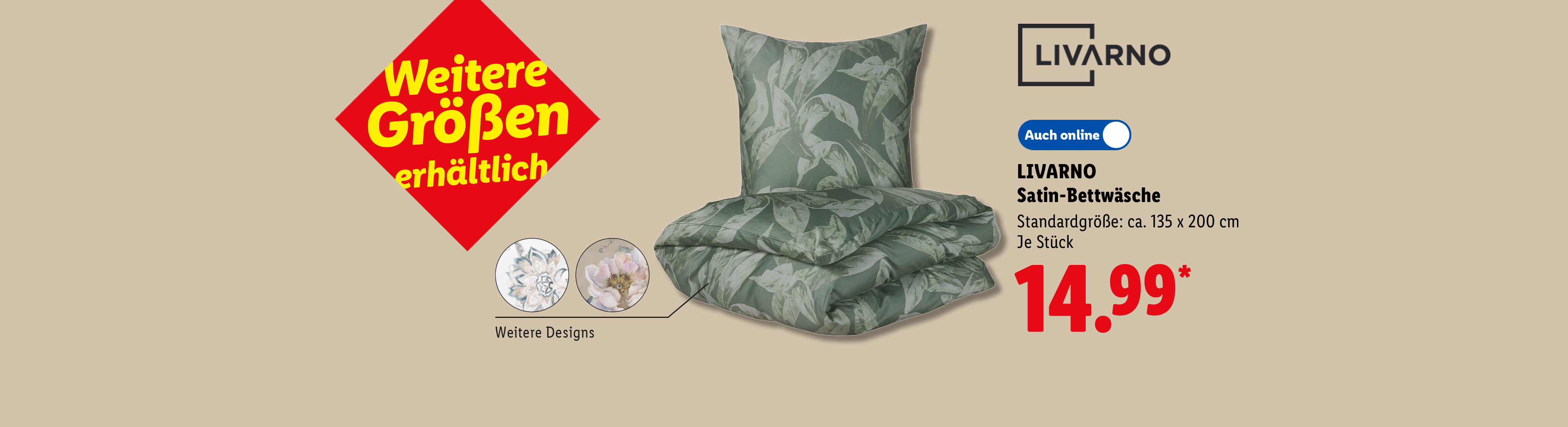 Weitere Größen erhältlich: LIVARNO Satin-Bettwäsche, z.B. grünes Blättermuster, Standardgröße ca. 135 x 200 cm, je Stück, auch online für 14.99 €*.