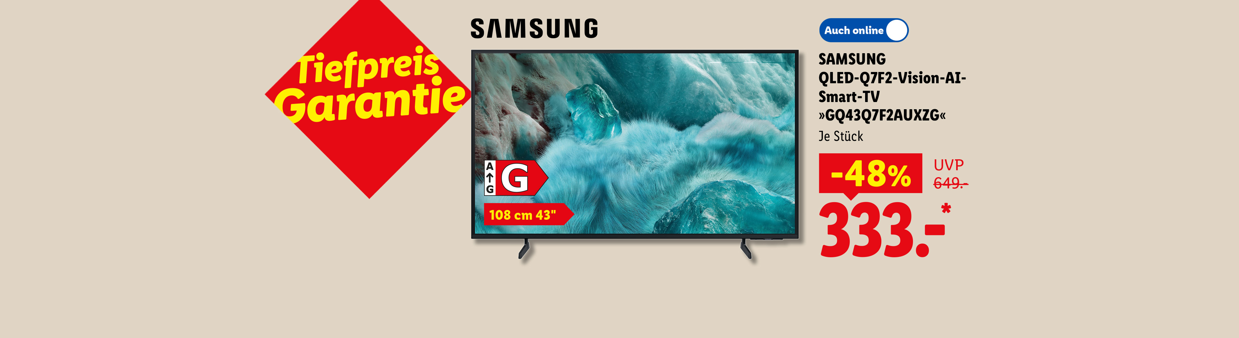 Tiefpreis Garantie: SAMSUNG QLED-Q7F2-Vision-AI-Smart-TV »GQ43Q7F2AUXZG«, 108 cm 43 Zoll, je Stück -48% günstiger, Auch online für 333.00 €*.