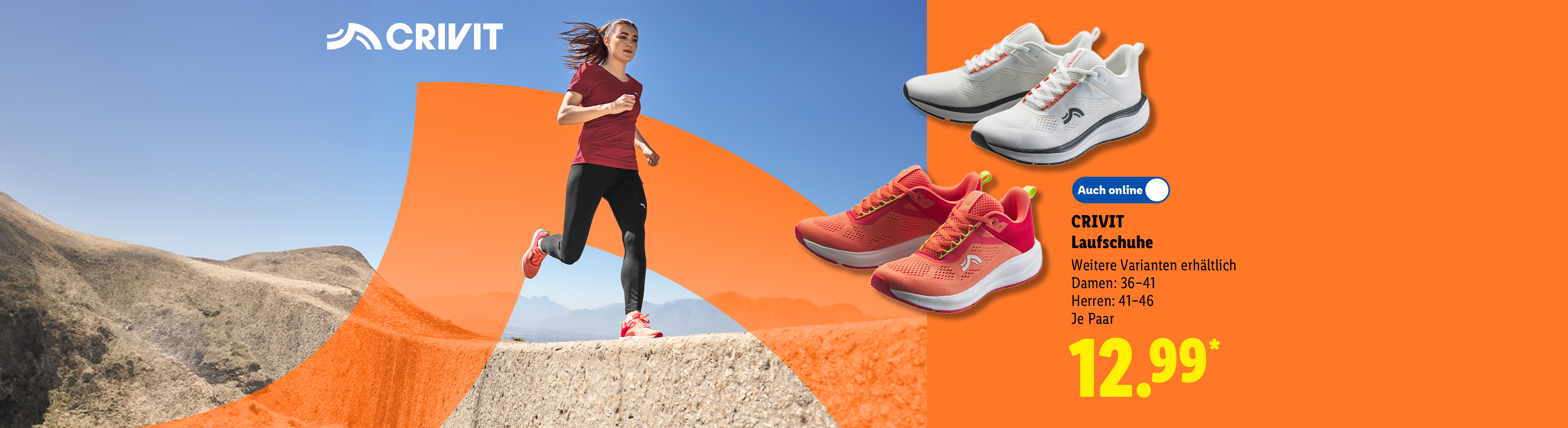 Weitere Varianten erhältlich: CRIVIT Laufschuhe, z.B. in Orange, Damen 36-41 und Herren 41-46, je Stück, auch online für 12.99 €*.