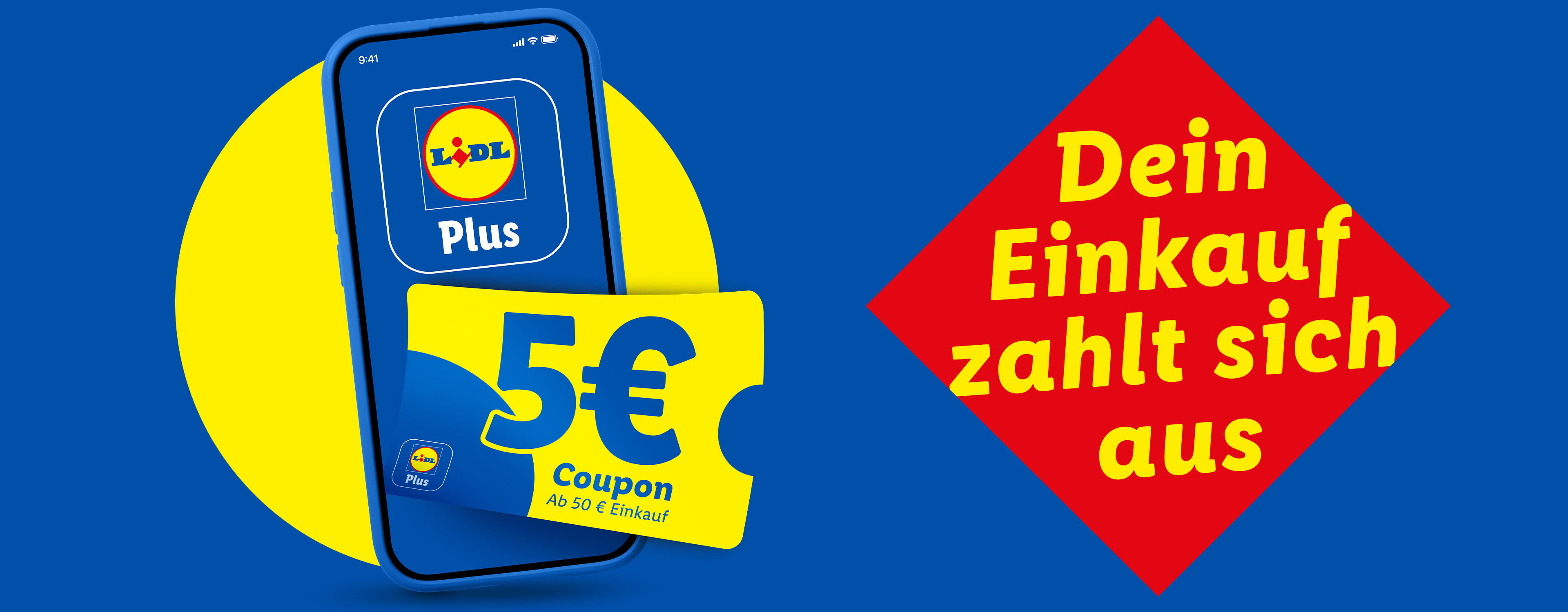 Smartphone mit App und 5€-Coupon für Einkäufe ab 50€, mit dem Text: 'Dein Einkauf zahlt sich aus'.