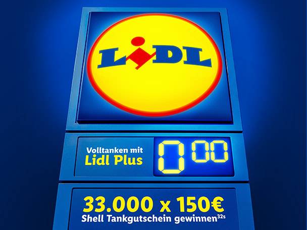Leuchtreklame mit Logo, digitaler Anzeige '000' und Text '33.000 x 150€ Shell Tankgutschein gewinnen'.