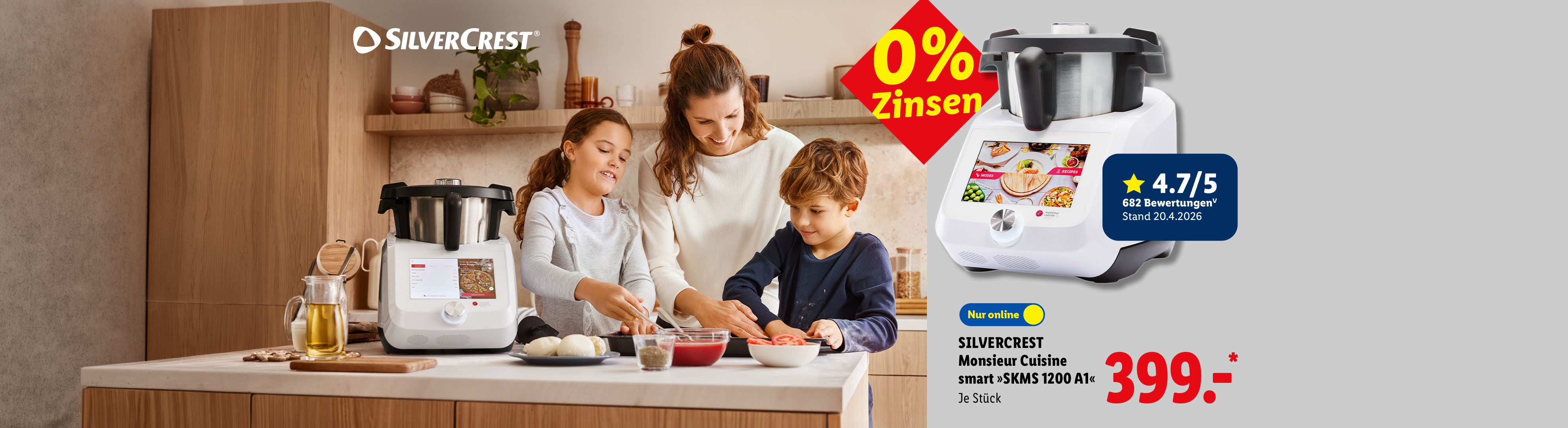 4.7/5 Sterne Bewertungen: SILVERCREST Monsieur Cuisine smart »SKMS 1200 A1«, mit Touchscreen, je Stück, Nur online für 399.00 €*. Stand 20.4.2026.