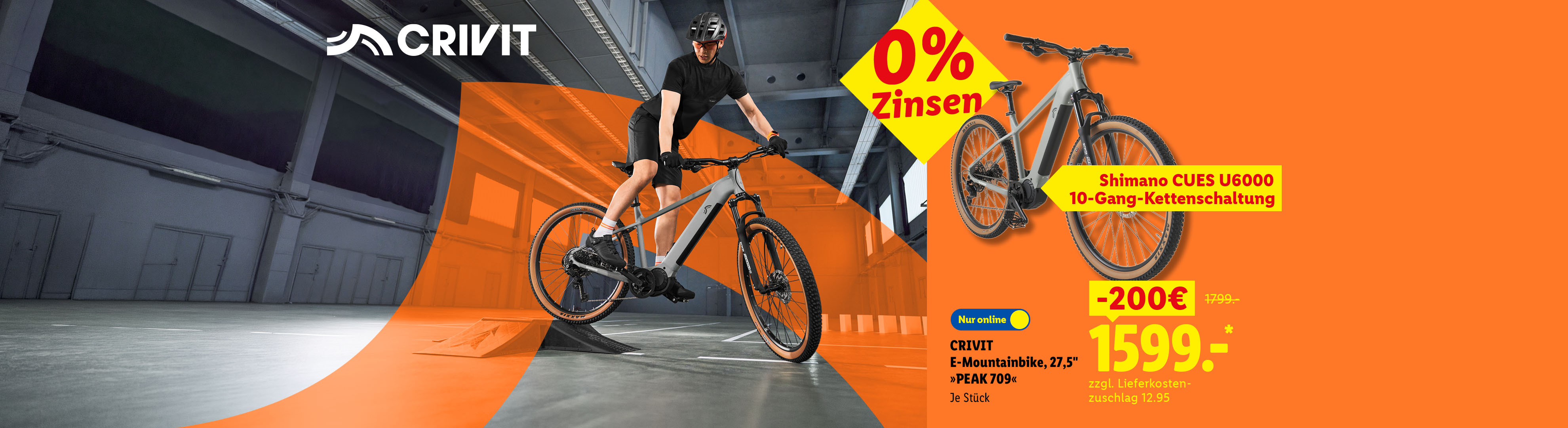 0% Zinsen entspannt in Raten zahlen: CRIVIT E-Mountainbike, 27,5" »PEAK 709«, Shimano CUES U6000, je Stück 200 € günstiger, Nur online für 1599.00 €*. zzgl. Lieferkostenzuschlag 12.95.