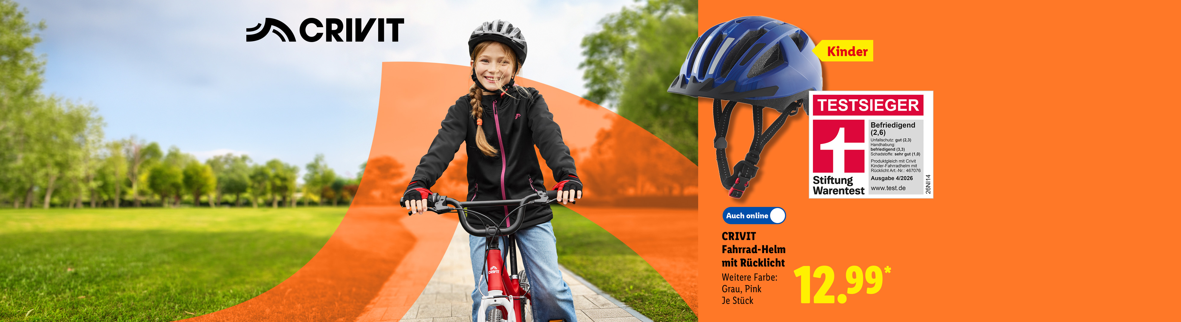 CRIVIT Kinder-Fahrradhelm mit abnehmbarem LED-Rücklicht, je Stück für 12,99 €. Weitere Farben: Grau und Pink. Auch online erhältlich. 