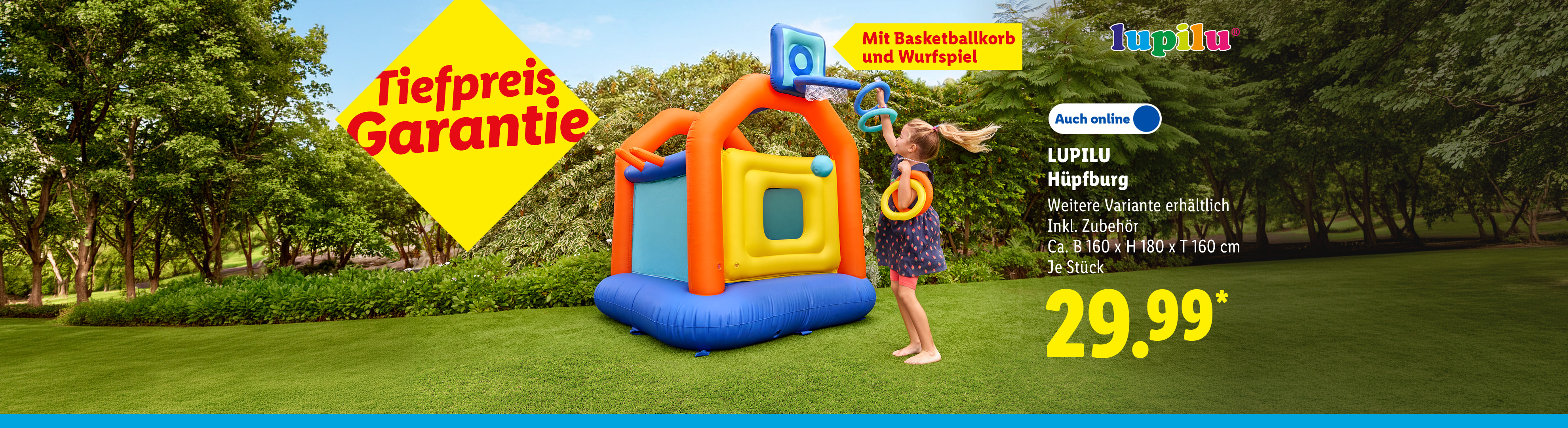Lupilu Hüpfburg, mit Basketballkorb und Wurfspiel, inkl. Zubehör, Maße ca. B 160 x H 180 x T 160 cm, weitere Variante erhältlich, je Stück, auch online erhältlich für 29.99 €. Jetzt Angebot sichern.