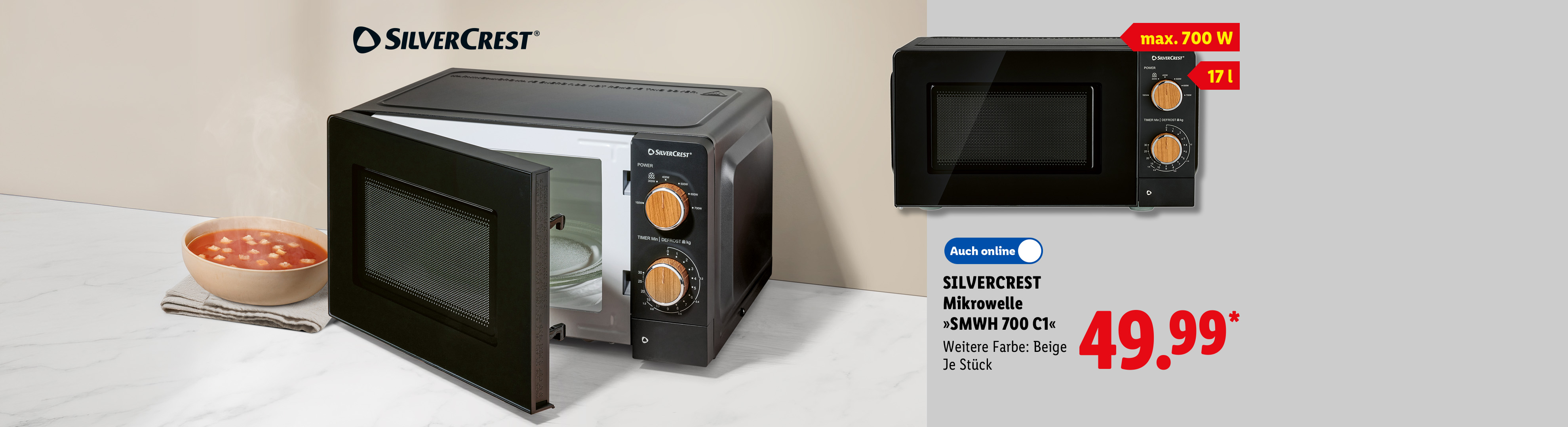 Silvercrest Mikrowelle »SMWH 700 C1« mit fünf Leistungsstufen, max. 700 W und 17 l Fassungsvermögen. Weitere Farbe Beige erhältlich. Auch online verfügbar für 49,99 €. Jetzt Angebot sichern.