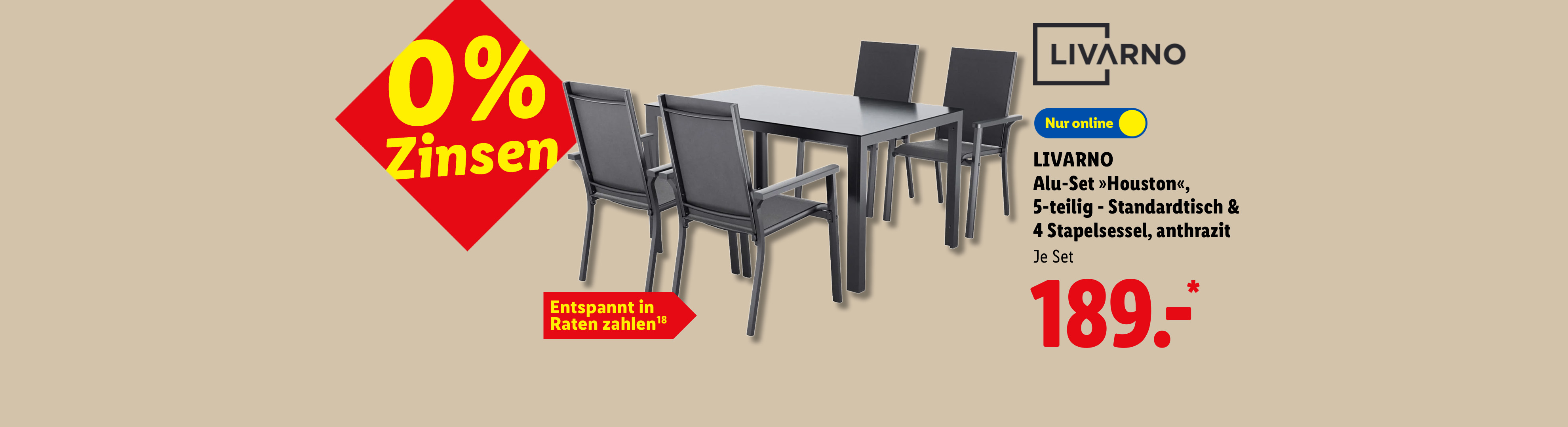 0% Zinsen Entspannt in Raten zahlen: LIVARNO Alu-Set »Houston«, 5-teilig - Standardtisch & 4 Stapelsessel, anthrazit, je Set Nur online für 189.00 €*