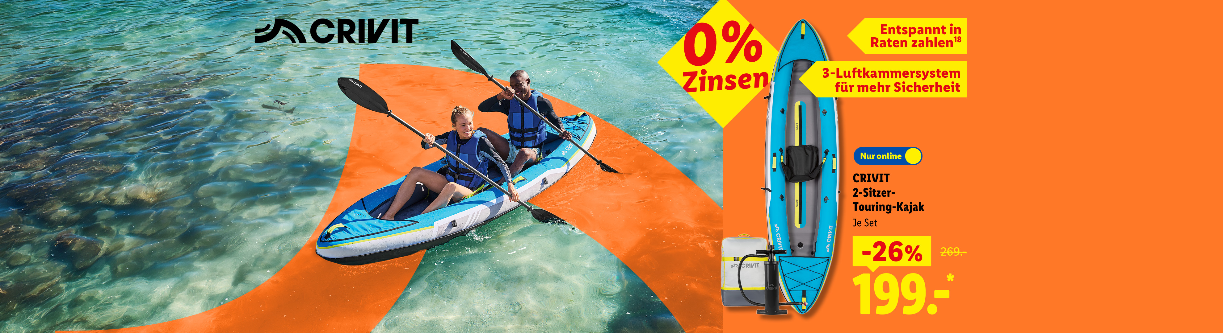 0% Zinsen: CRIVIT 2-Sitzer-Touring-Kajak, 3-Luftkammersystem für mehr Sicherheit, Entspannt in Raten zahlen, je Set 26% günstiger, Nur online für 199.00 €*.