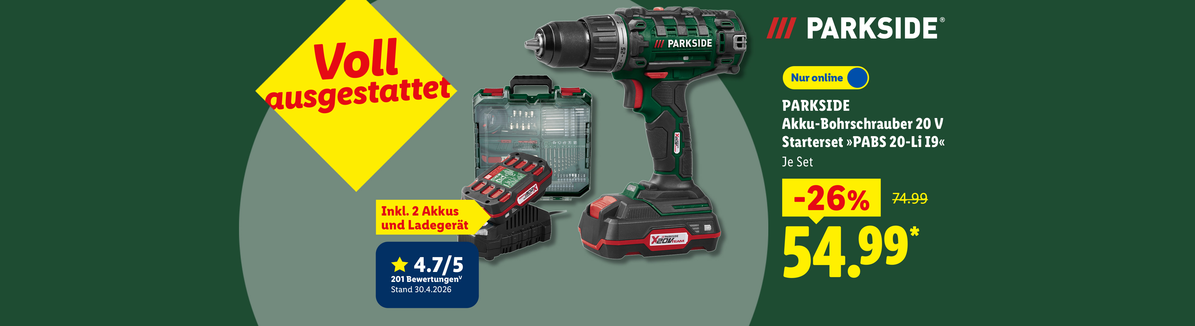 Voll ausgestattet: PARKSIDE Akku-Bohrschrauber 20 V Starterset »PABS 20-Li I9«, Inkl. 2 Akkus und Ladegerät, je Set 26% günstiger, Nur online für 54.99 €*.