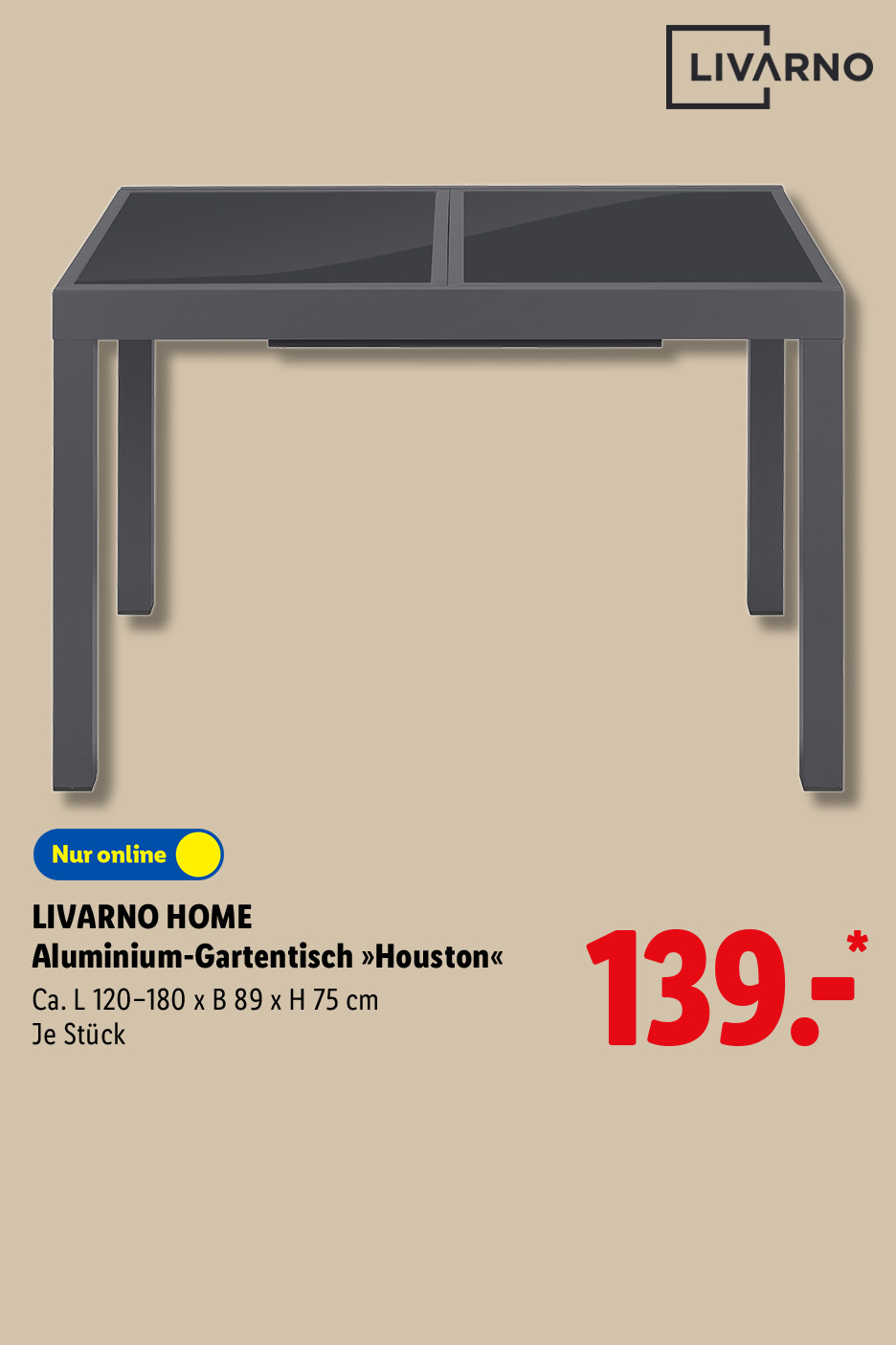 LIVARNO HOME Aluminium-Gartentisch „Houston“, nur online, je Stück für 139.- €*.