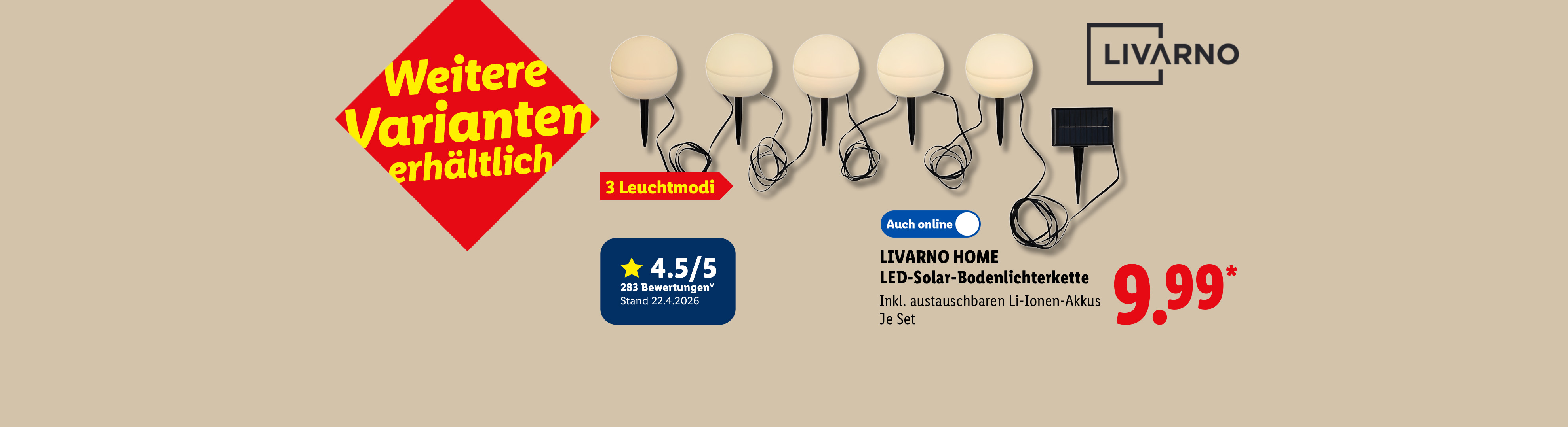 Weitere Varianten erhältlich: LIVARNO HOME LED-Solar-Bodenlichterkette, Inkl. austauschbaren Li-Ionen-Akkus, 3 Leuchtmodi, je Set für 9.99 €*.