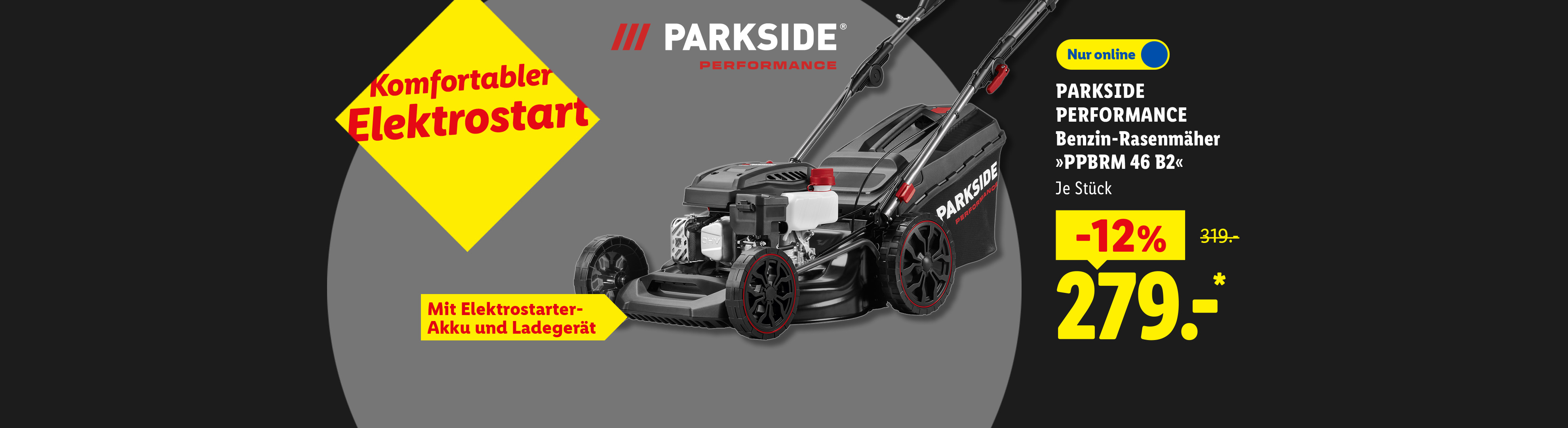 Mit Elektrostarter-Akku und Ladegerät: PARKSIDE PERFORMANCE Benzin-Rasenmäher »PPBRM 46 B2«, je Stück 12% günstiger, Nur online für 279.00 €*.