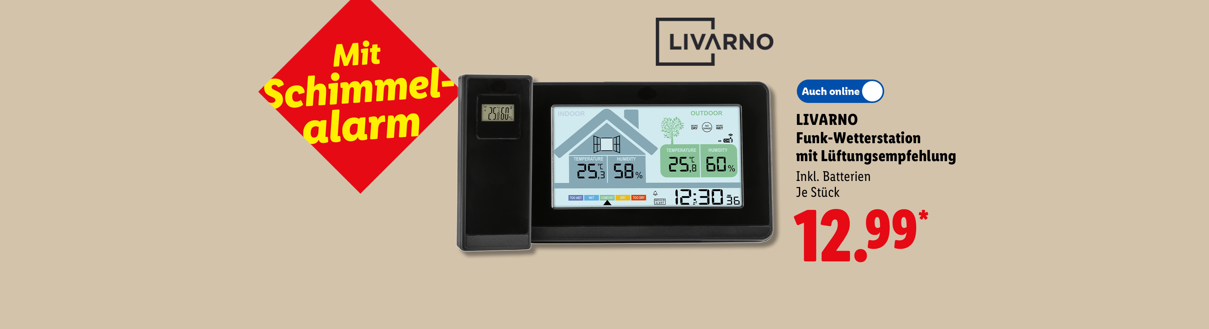 Mit Schimmelalarm: LIVARNO Funk-Wetterstation mit Lüftungsempfehlung, Inkl. Batterien, je Stück, Auch online für 12.99 €*.