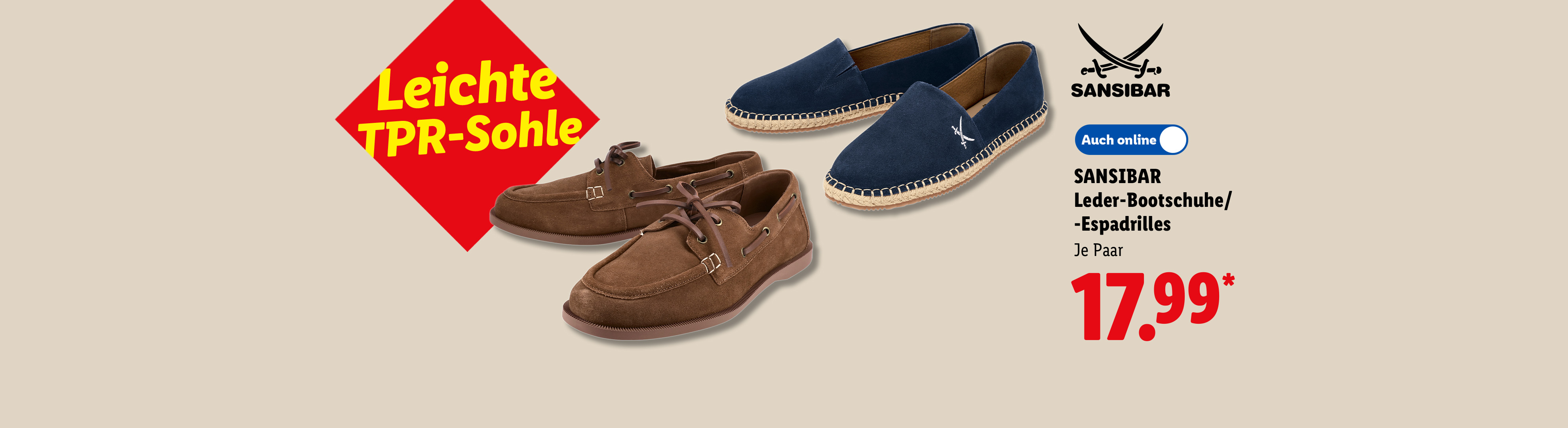 Leichte TPR-Sohle: SANSIBAR Leder-Bootschuhe/-Espadrilles, je Paar 17.99 €*, Auch online.