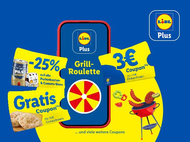 Lidl Plus App mit Grill-Roulette, Coupons für Bier, Brot und 3€ Rabatt, sowie einem Grill mit Würstchen.