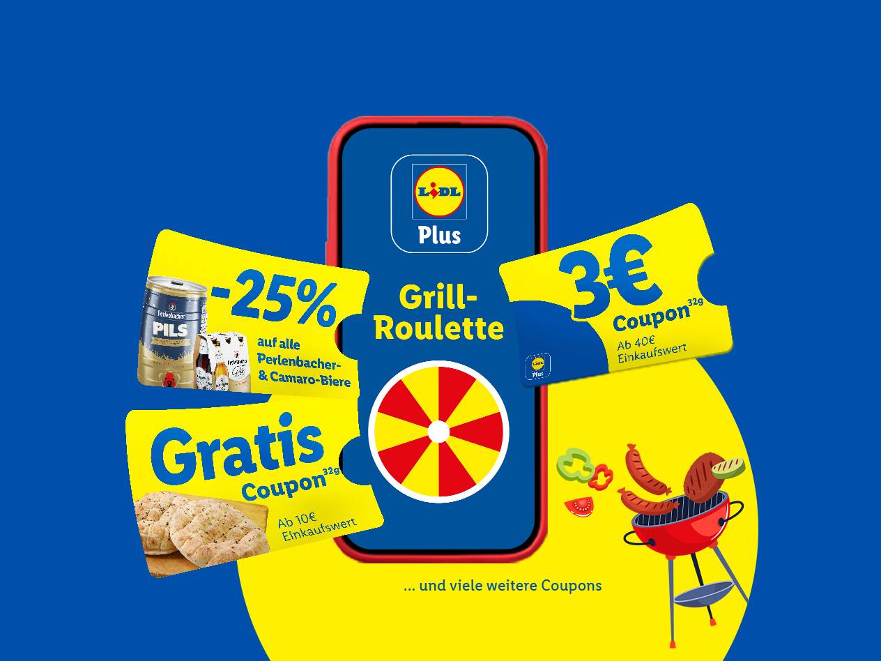 Lidl Plus App mit Grill-Roulette, Coupons für Bier, Gratis-Brot und 3€ Rabatt, sowie Grillgut.