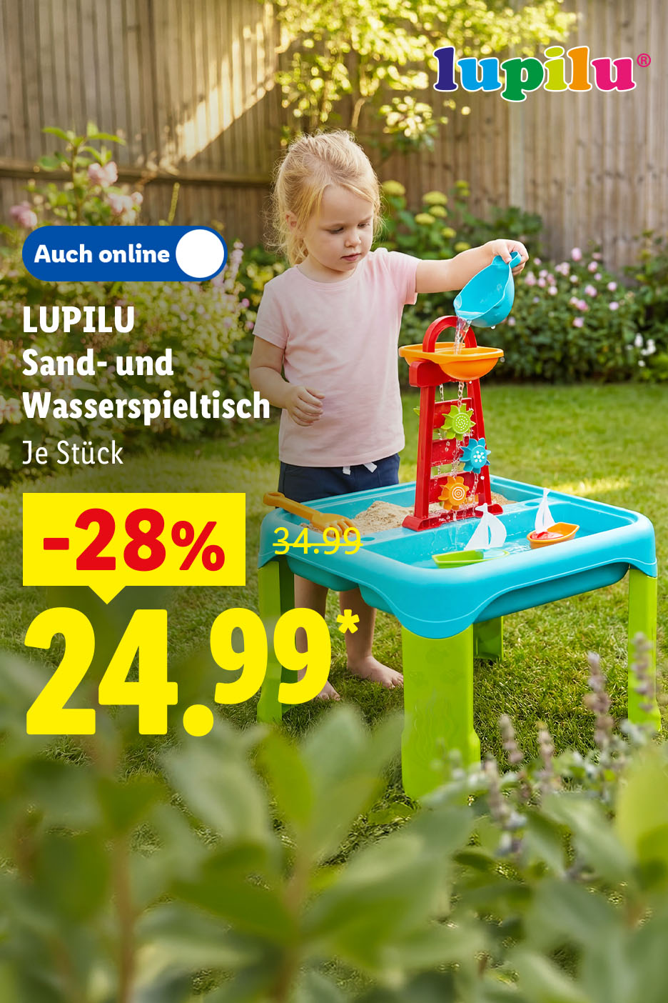 LUPILU Sand- und Wasserspieltisch aus Kunststoff mit integriertem Spielturm und Zubehör wie Förmchen und Booten, je Stück 28% günstiger, auch online für 24.99 €*.