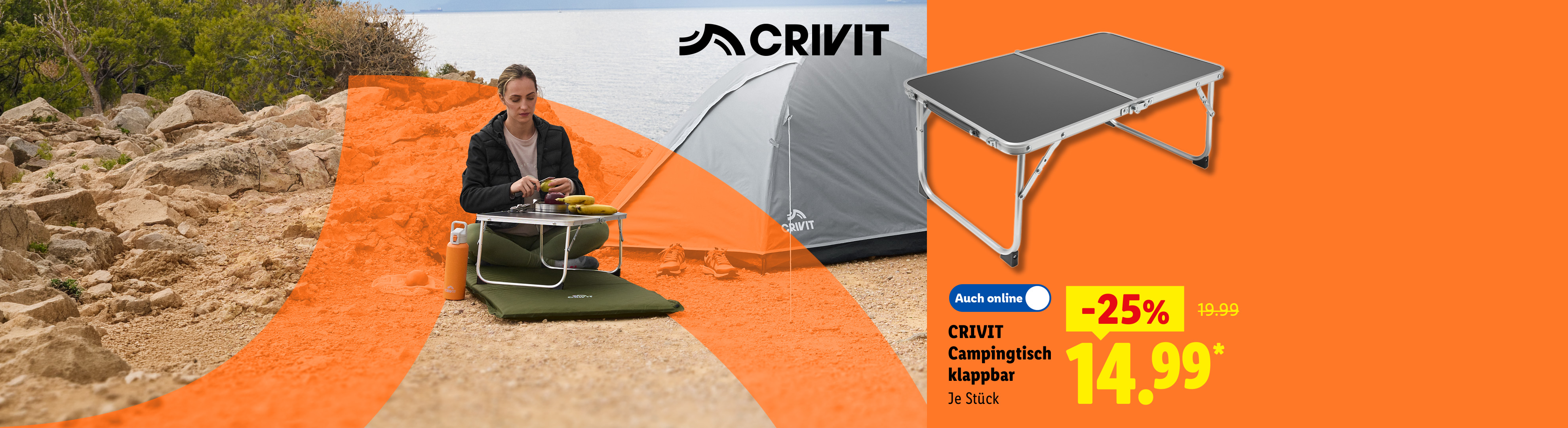Leicht und robust: CRIVIT Campingtisch klappbar, je Stück, 25% günstiger, auch online für 14.99 €*.