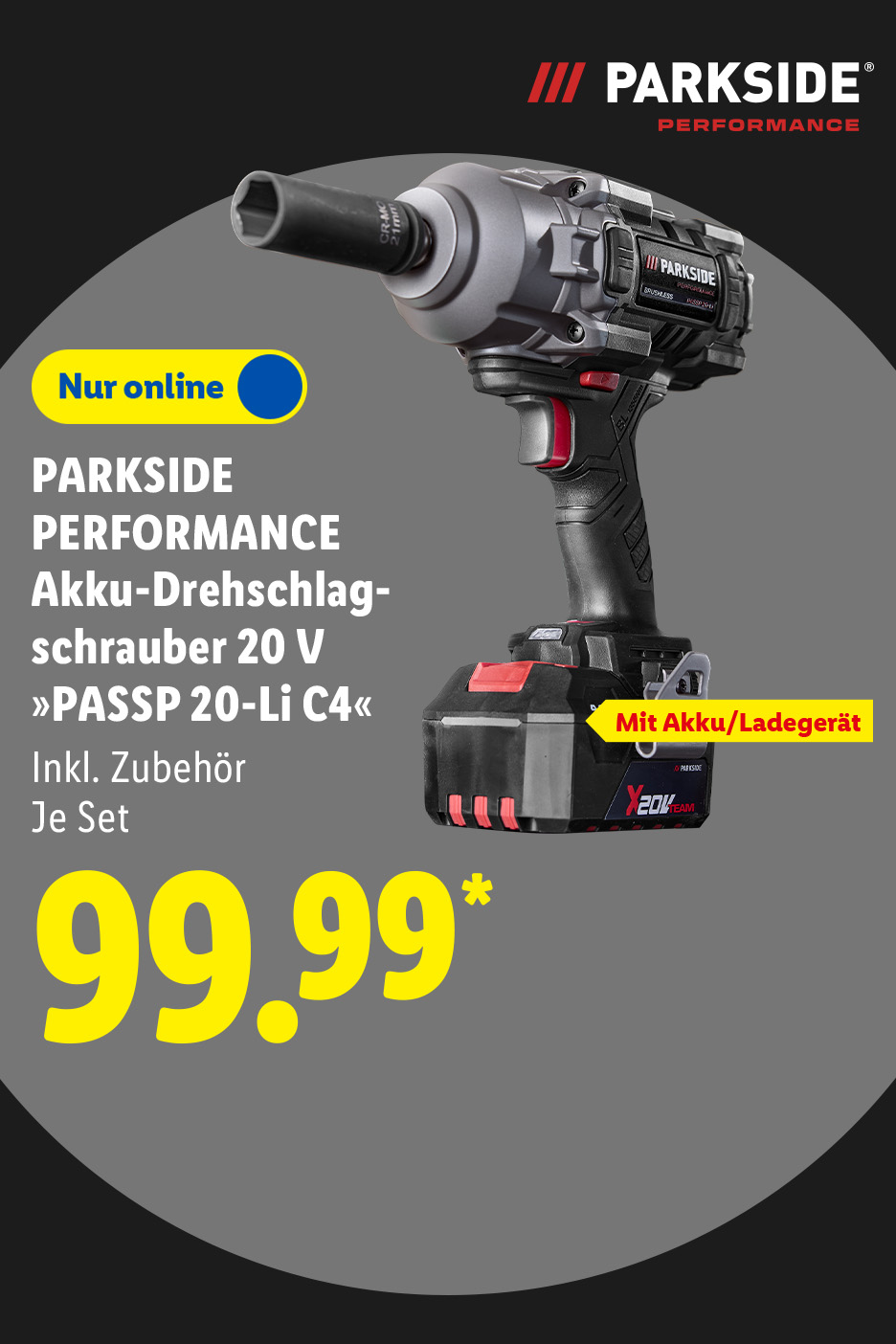 PARKSIDE PERFORMANCE Akku-Drehschlagschrauber 20 V »PASSP 20-Li C4« inklusive Zubehör, mit Akku/Ladegerät, je Set nur online erhältlich für 99.99€*.