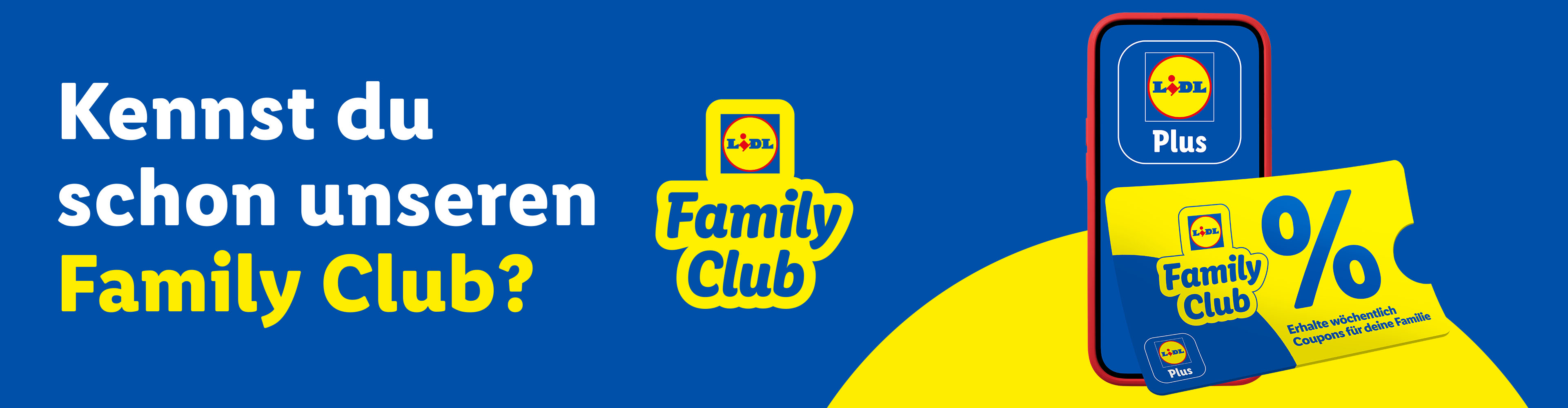 Ein Smartphone mit der Plus-App und eine Family Club-Karte mit Rabatt-Coupon.