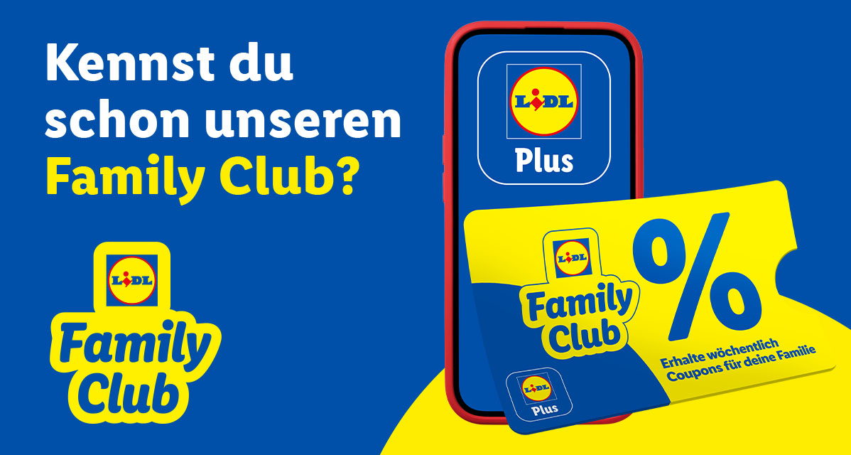 Ein Smartphone mit der Plus-App und eine Family Club-Karte mit Rabatt-Coupon.
