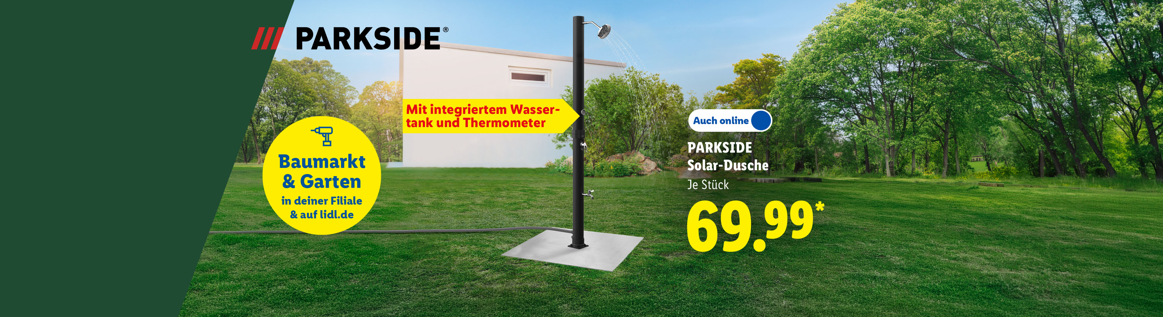 Warmes Wasser bis zu 60°C: PARKSIDE Solar-Dusche, Mit integriertem Wassertank und Thermometer, je Stück Auch online für 69.99 €*.
