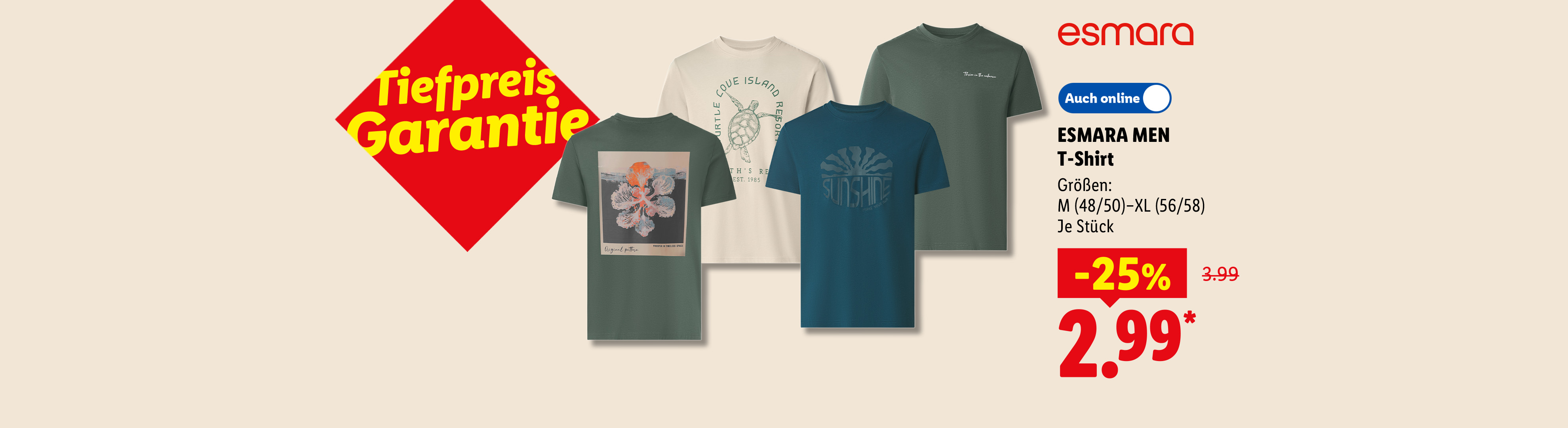 Tiefpreis Garantie: ESMARA MEN T-Shirt, Größen: M (48/50)–XL (56/58), je Stück -25% günstiger, Auch online für 2.99 €*