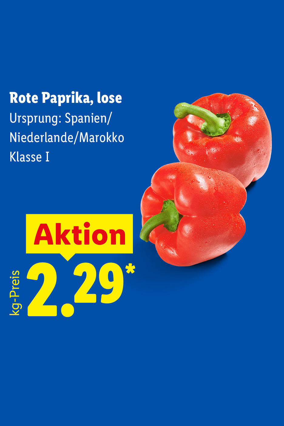 Rote Paprika, lose, Ursprung Spanien/Niederlande/Marokko, Klasse I, Aktion 2.29€* kg-Preis