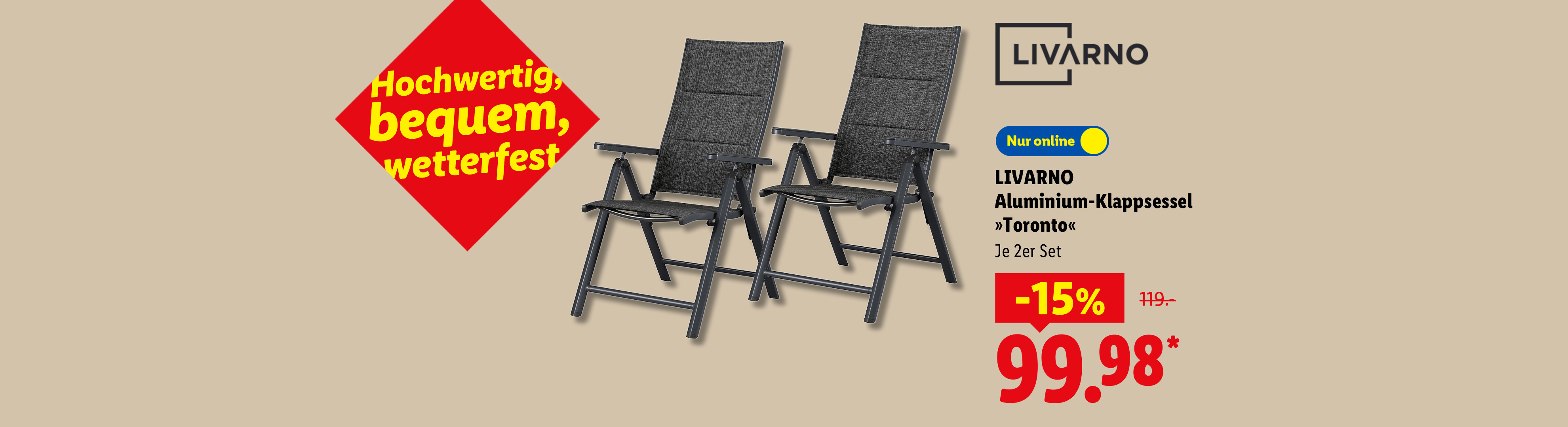 Hochwertig, bequem, wetterfest: LIVARNO Aluminium-Klappsessel »Toronto«, Je 2er Set -15% günstiger, Nur online für 99.98 €*.