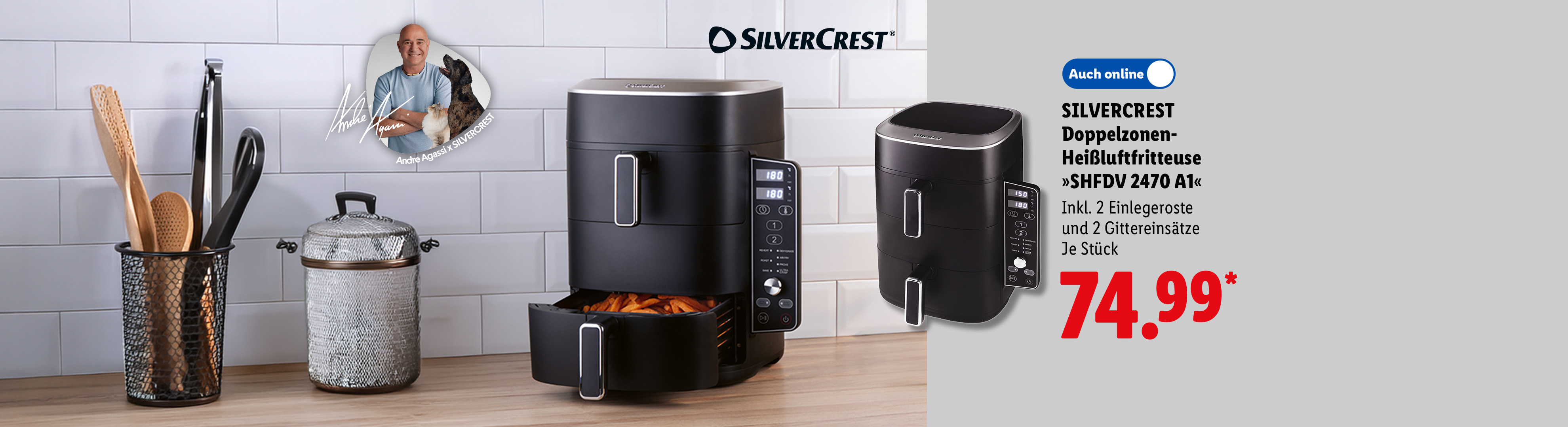 SILVERCREST Doppelzonen-Heißluftfritteuse »SHFDV 2470 A1«, Inkl. 2 Einlegeroste und 2 Gittereinsätze, je Stück auch online für 74.99 €*.