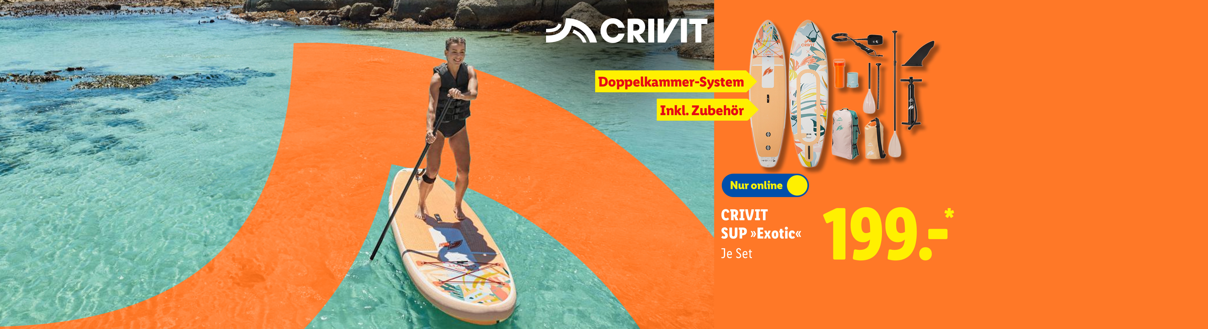 Doppelkammer System: CRIVIT SUP »Exotic«, Standup-Paddle-Board-Set mit Zubehör, je Set für 199.-*