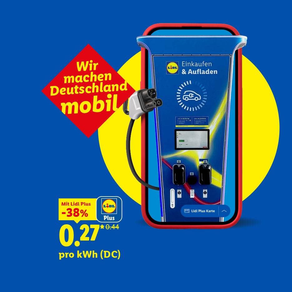 Auto laden zu Deutschlands günstigstem Preis. Mit Lidl Plus 38% sparen, für 27 cent pro kWh(DC). Wir machen Deutschland mobil.