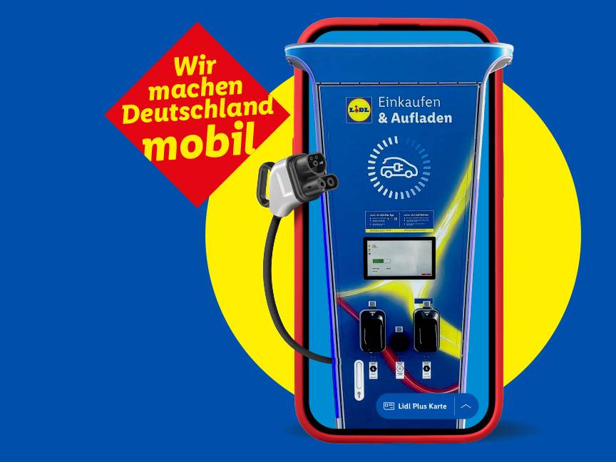Smartphone-App für E-Auto-Laden und Einkaufen, mit dem Slogan 'Wir machen Germanland mobil'.
