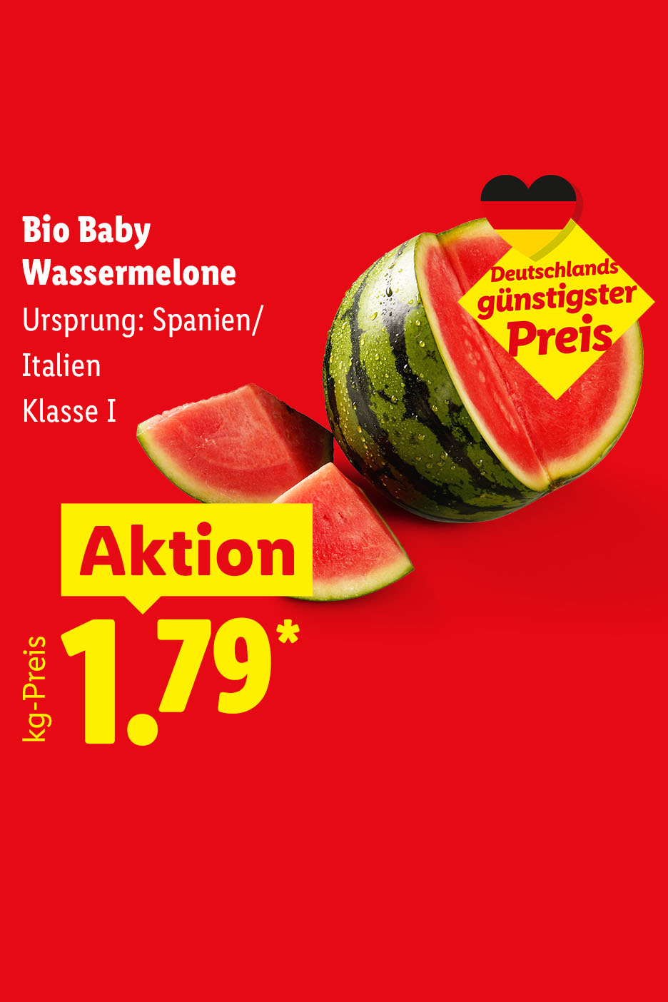 Deutschlands günstigster Preis – Bio Baby Wassermelone, Ursprung: Spanien/Italien, Klasse I, Aktion 1.79€* kg-Preis
