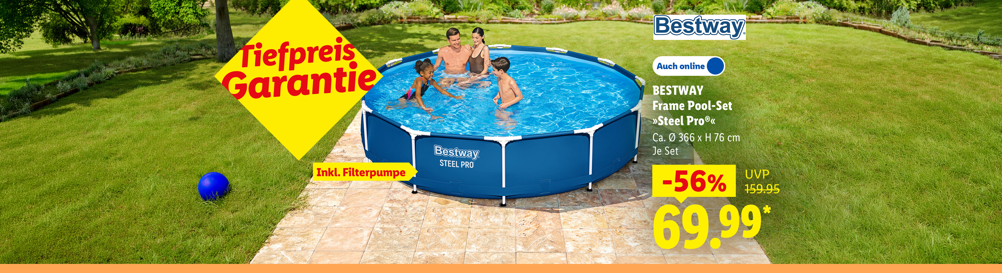 BESTWAY Frame Pool-Set »Steel Pro®«, Inkl. Filterpumpe, ca. Ø 366 x H 76 cm, Tiefpreis Garantie, je Set -56% in der Filiale und online für 69.99*. Jetzt Angebot sichern.