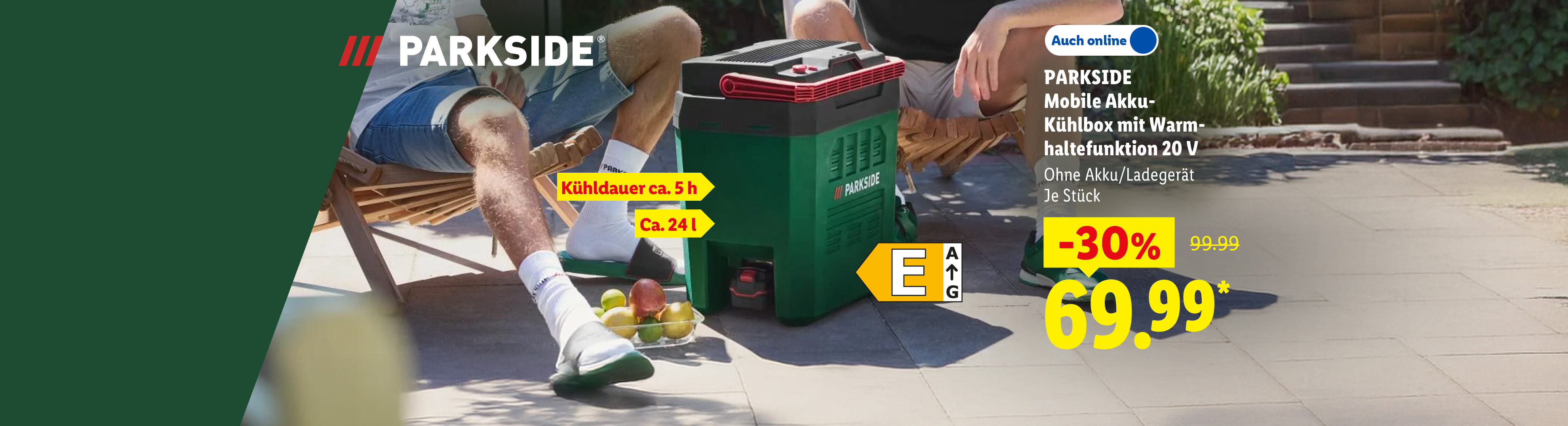 Kühldauer ca. 5 h, Ca. 24 l: PARKSIDE Mobile Akku-Kühlbox mit Warmhaltefunktion 20 V, Ohne Akku/Ladegerät, je Stück 30% günstiger, Auch online für 69.99 €*.