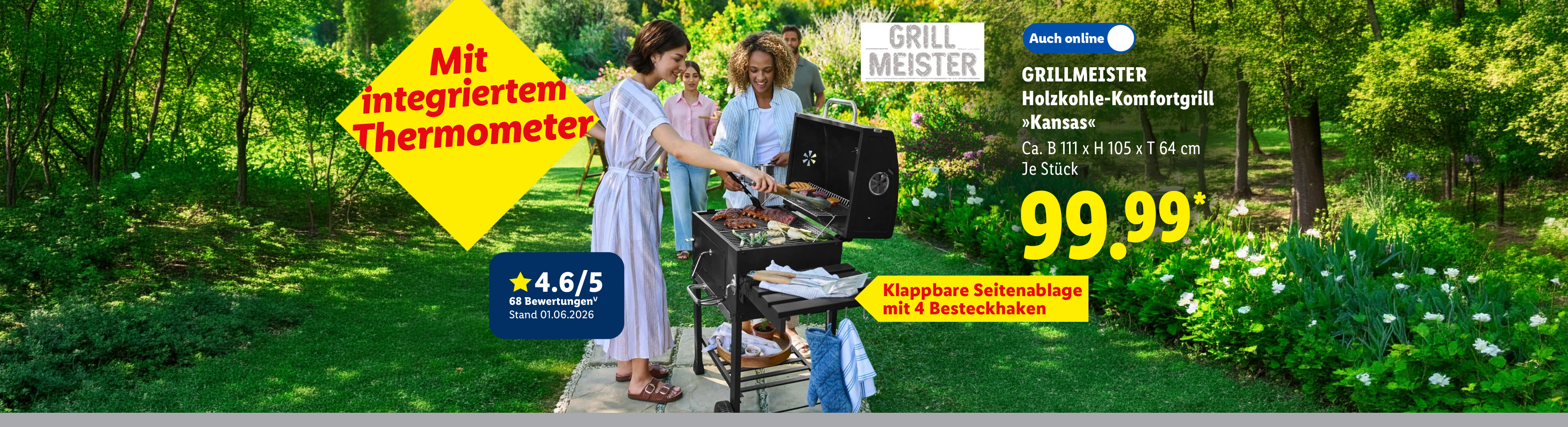 GRILLMEISTER Holzkohle-Komfortgrill »Kansas«, integriertes Thermometer, ca. B 111 x H 105 x T 64 cm, je Stück in der Filiale und online für 99.99*. Jetzt Angebot sichern.