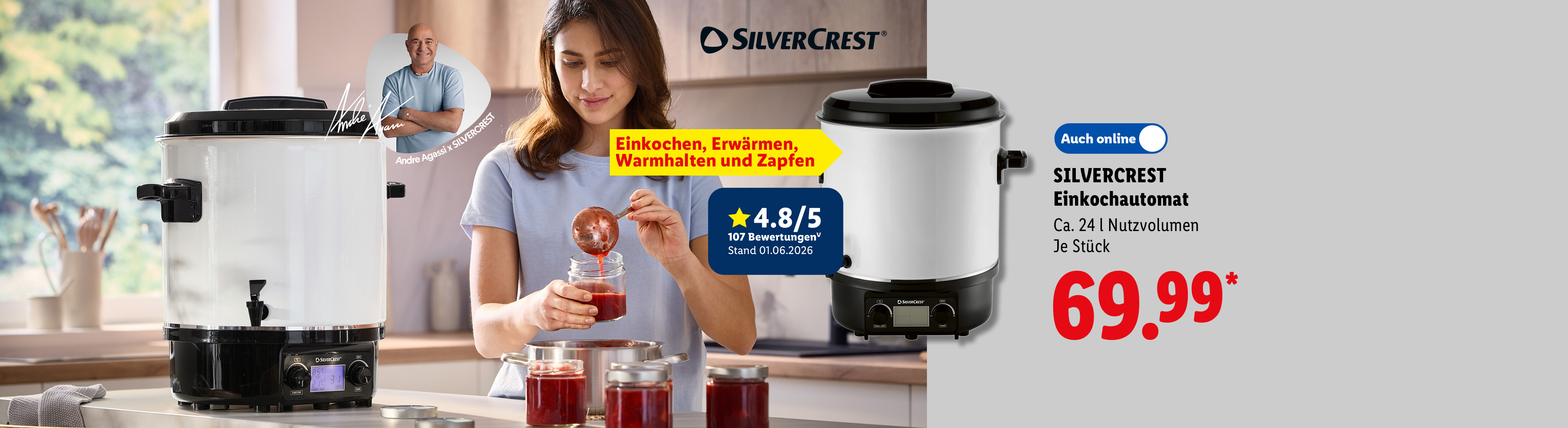 Genuss auf Knopfdruck, Einkochen, Erwärmen, Warmhalten und Zapfen: SILVERCREST Einkochautomat, Ca. 24 l Nutzvolumen, je Stück, Auch online für 69.99 €*.