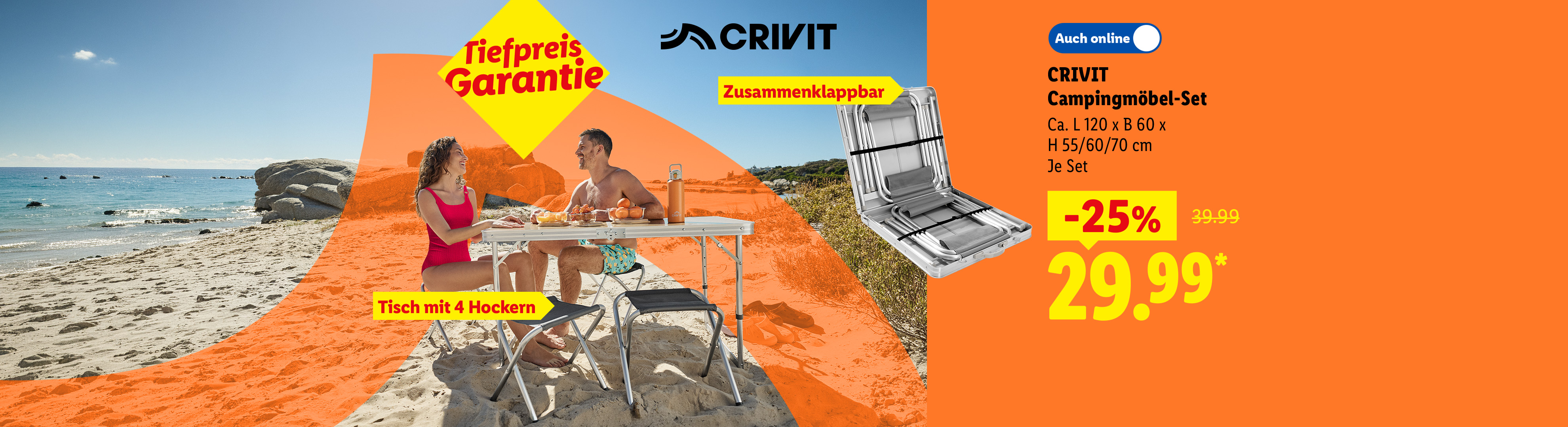Tiefpreis Garantie, Tisch mit 4 Hockern, Zusammenklappbar: CRIVIT Campingmöbel-Set, Ca. L 120 x B 60 x H 55/60/70 cm, je Set 25% günstiger, Auch online für 29.99 €*.