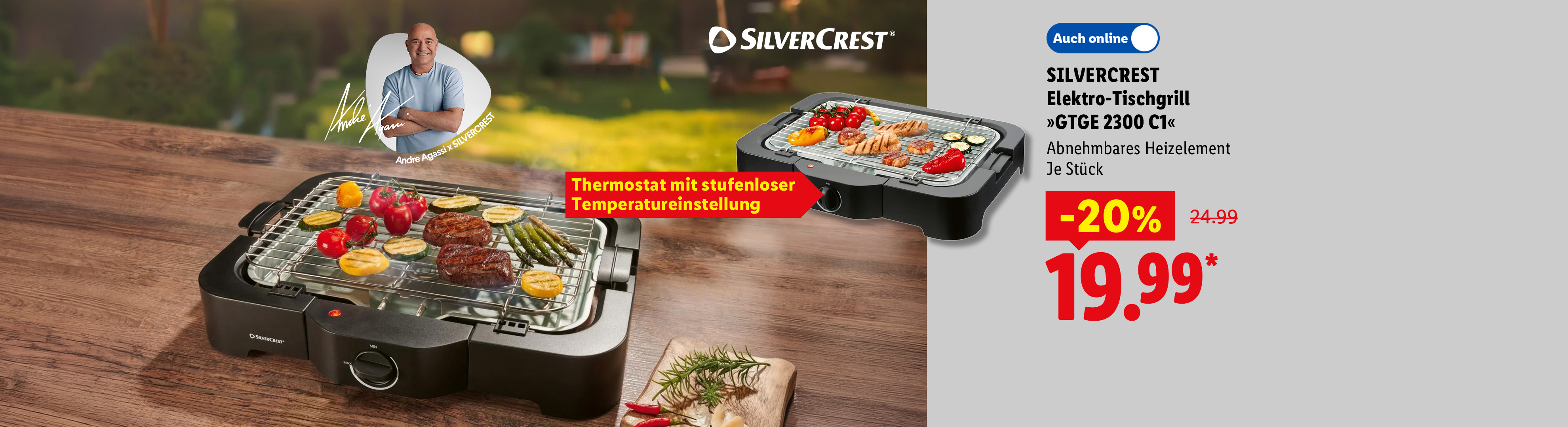 SILVERCREST Elektro-Tischgrill »GTGE 2300 C1«, Thermostat mit stufenloser Temperatureinstellung, abnehmbares Heizelement, je Stück -20% für 19.99*. Jetzt Angebot sichern.