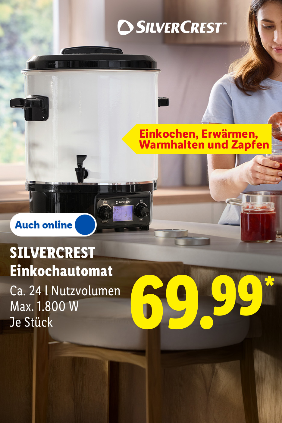SILVERCREST Einkochautomat, Einkochen, Erwärmen, Warmhalten und Zapfen, Ca. 24 l Nutzvolumen, Max. 1.800 W, je Stück auch online für 69.99 €*.