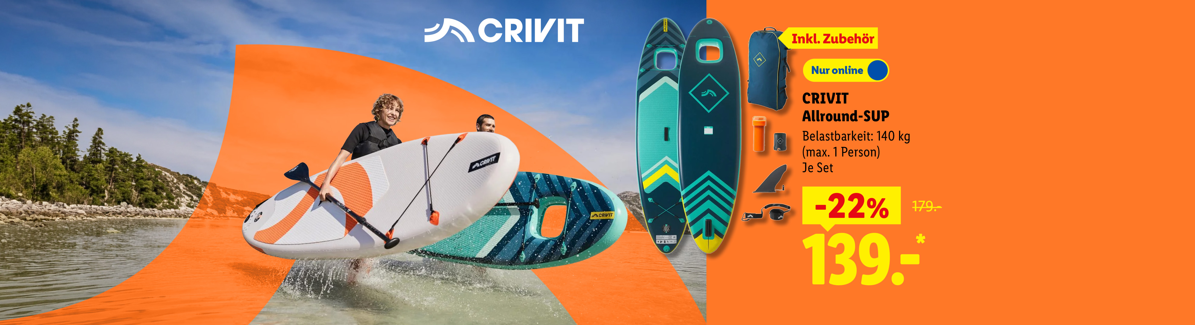 Mit Sichtfenster: CRIVIT Allround-SUP, Belastbarkeit: 140 kg (max. 1 Person), je Set -22% günstiger, Nur online für 139.- €*