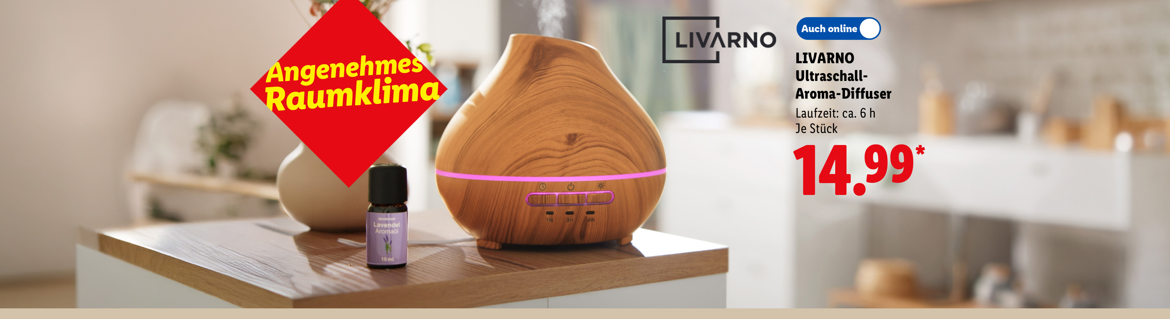Angenehmes Raumklima: LIVARNO Ultraschall-Aroma-Diffuser, Laufzeit: ca. 6 h, je Stück auch online für 14.99€*