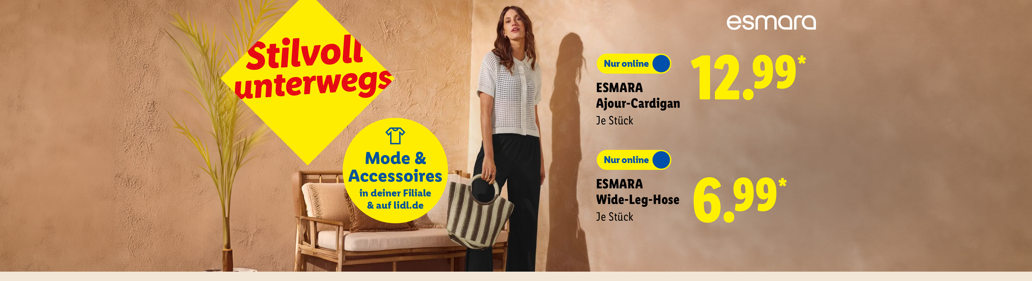 Stilvoll unterwegs: ESMARA Ajour-Cardigan, je Stück nur online für 12.99€* und ESMARA Wide-Leg-Hose, je Stück nur online für 6.99€*.