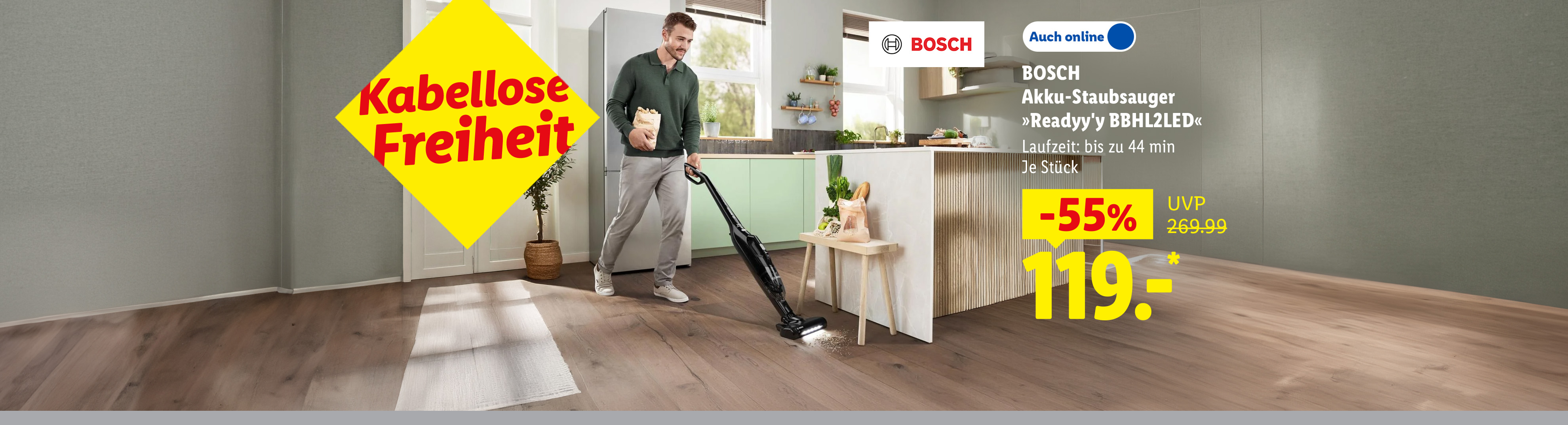 Kabellose Freiheit: BOSCH Akku-Staubsauger »Readyy'y BBHL2LED«, Laufzeit: bis zu 44 min, Je Stück -55% günstiger, Auch online für 119.- €*