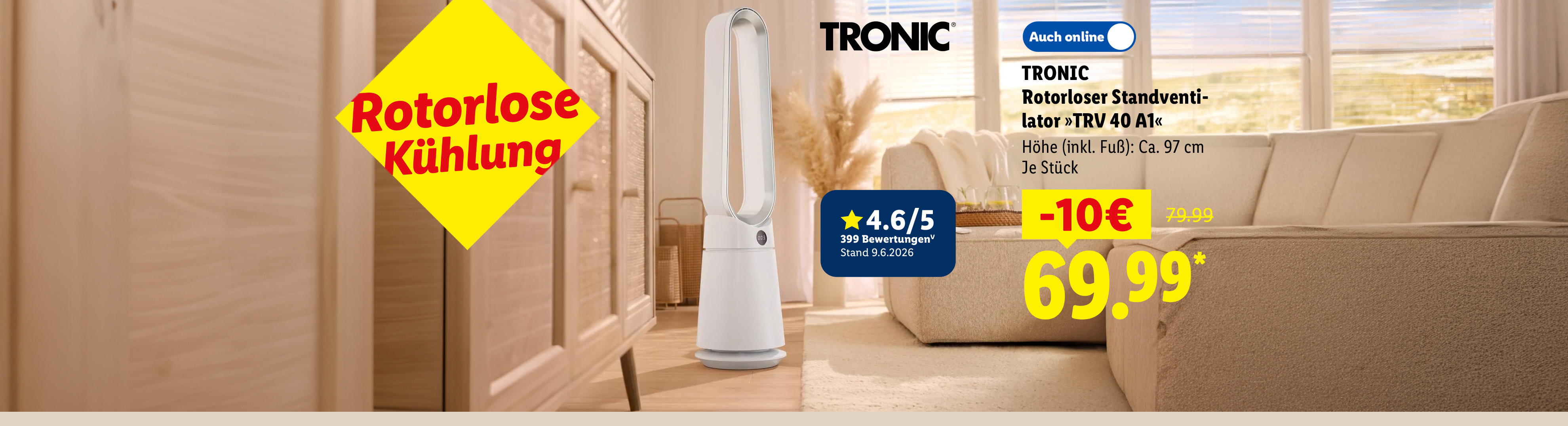 Rotorlose Kühlung: TRONIC Rotorloser Standventilator »TRV 40 A1«, Höhe (inkl. Fuß): Ca. 97 cm, Je Stück -10€ günstiger, Auch online für 69.99 €*